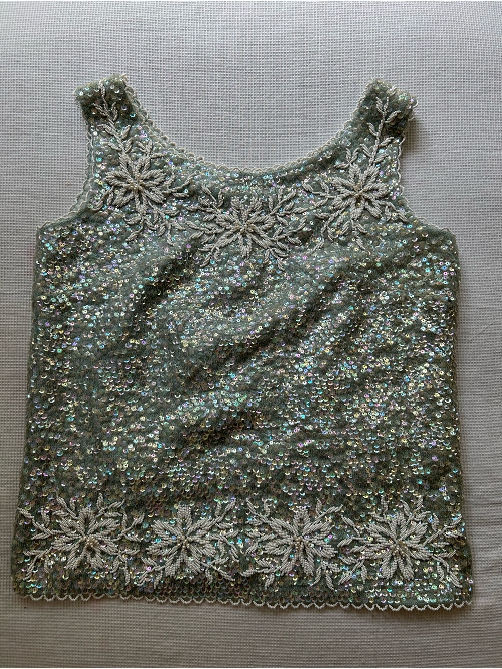 Vintage Sequin Lambswool Camisole Tank in Sage Green with Floral Lace Trim
